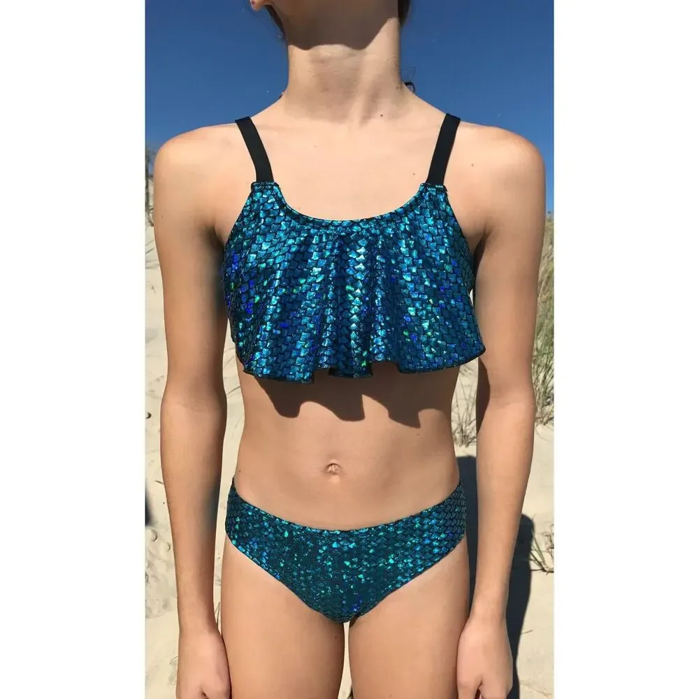 Hampton‎ Mermaid Fish Scale Blue Ruffle Bikini Size 6